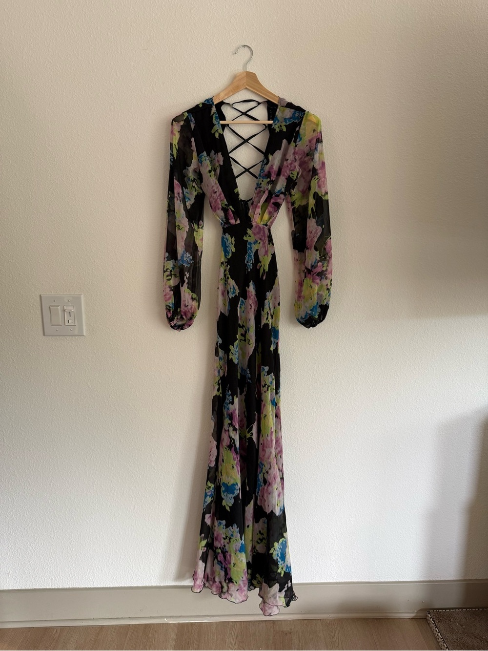 ASOS Design Black Floral Long Sleeve V-Neck Maxi Dress with Lace-Up Back
